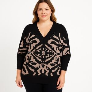 CATO Woman Black Beige Animal Print V Neck Sweater 14/16W
